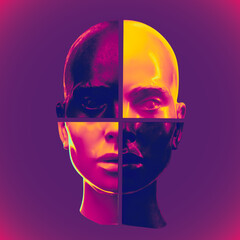 Abstract illustration from 3D rendering of black and white checkered marble female head isolated on background in colorful vaporwave style.