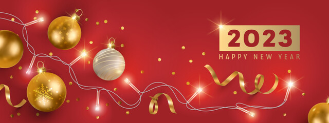 Happy new year and Christmas vector illustration. Christmas balls and golden confetti