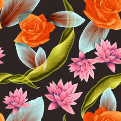 Seamless pattern with Tropical flowers and leaves design. Stylish trendy fashion floral pattern - 546492753