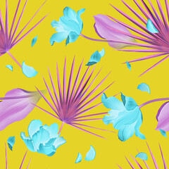 Seamless pattern with Tropical flowers and leaves design. Stylish trendy fashion floral pattern - 546492960