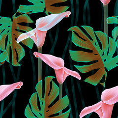 Seamless pattern with Tropical flowers and leaves design. Stylish trendy fashion floral pattern - 546492975