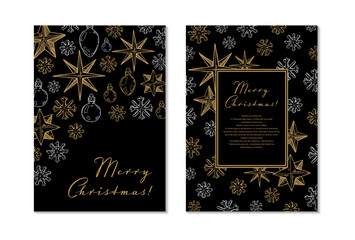 Fototapeta na wymiar Set of Merry Christmas and Happy New Year vertical greeting cards with hand drawn golden stars and toys on black background. Vector illustration in sketch style