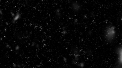 Different realistic falling snow or snowflakes. Falling snow isolated on black background. Winter snowfall illustration. Bokeh lights on black background, flying snowflakes in the air. Snow at night.