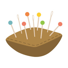 pillow with needles and pins, Tool for knitting and sewing flat vector illustration. Accessories for needlework isolated on white background