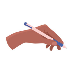 Hand holding modern plastic pen, writing and drawing tool vector illustration. Right and left arms with school supplies isolated on white background