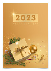 Fototapeta na wymiar Happy New Year vector background with realistic decorative balls and text design