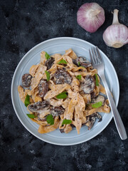Homemade pasta with champignons 
 mushroom and carbonara sauce.