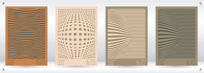 Geometrical Poster Design with Optical Illusion Effect.  Modern Psychedelic Cover Page Collection. Pastel Wave Lines Background. Fluid Stripes Art. Swiss Design. Vector Illustration for Brochure.