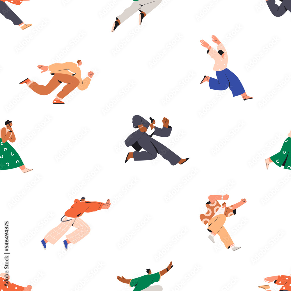 Poster people running, seamless pattern. endless background with characters inmotion, rushing, hurrying. ac
