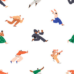 People running, seamless pattern. Endless background with characters inmotion, rushing, hurrying. Active excited men, women at fast speed, repeating print design. Colored flat vector illustration