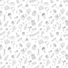 Happy Birthday. Seamless pattern with birthday elements. Cakes, gifts, balloons and more. Outline vector illustration in doodle style.