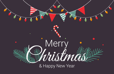 inscription Merry Christmas and Happy New Year on a background with multi-colored garlands and fir branches and a lollipop