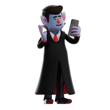 3D illustration. Charismatic 3D Dracula Vampire Cartoon Image makes selfie. with two finger pose. Showing a funny laughing expression. 3D Cartoon Character