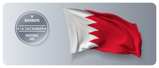 Bahrain national day vector banner, greeting card. Bahraini wavy flag in 16th of December