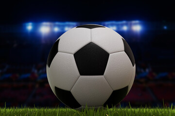 Soccer football ball on a grass pitch in front of stadium lights. 3D Rendering