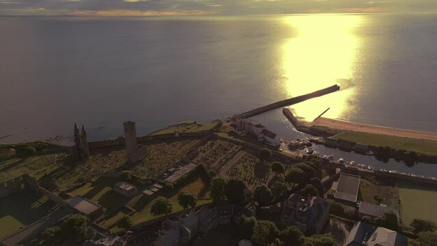 Aerial view of the town of St Andrews Scotland UK at sunrise