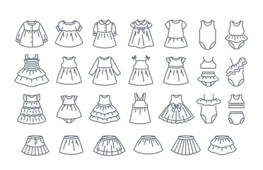 Baby girl dresses thin line icons. Different cute dresses with long and short sleeves, sundresses, skirts and swimsuits for little girl. Simple linear pictograms of kids clothes. Little girl wardrobe