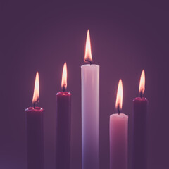5 candles burning on tradition christian advent wreath, black background - 546498528