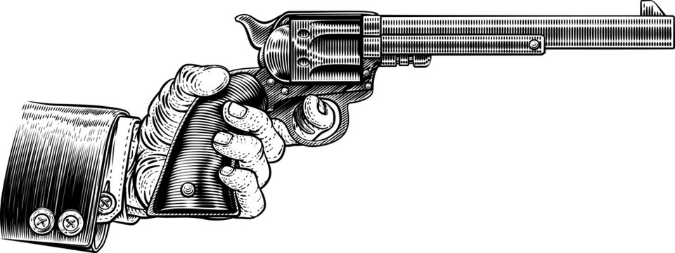 A hand in business suit holding a western cowboy gun pistol revolver in a vintage woodcut style