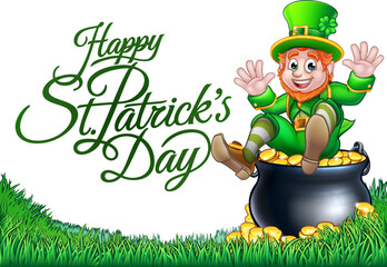 A Happy St Patricks day leprechaun and pot of gold coins illustration design