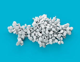 Kazakhstan multicolored sweet candy Dragees in shape of Kazakhstan map isolated on Blue background. 3d illustration