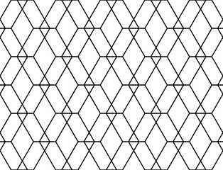 Interlocking grid of different sized diamond shapes in a repeating geometric black linear outline pattern, PNG transparent background
