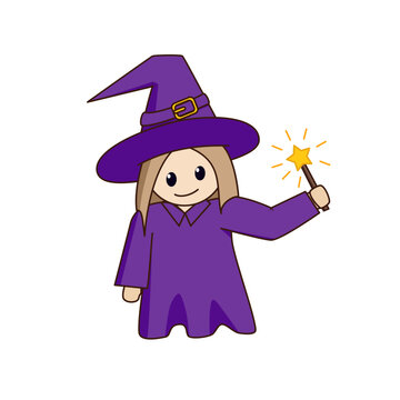 Little cute cartoon witch holding a magic wand with a star-shaped tip.
