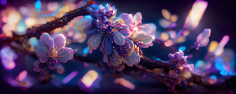 beautiful fantasy magical floral background with colorful lights as panorama header wallpaper