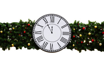 Christmas clocks and branches of fir trees with Christmas toys. light bulb. It's five minutes to twelve on the dial.