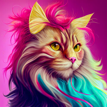 cat with colorful hairs and pink background, Generative AI Illustration