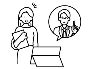 タブレット端末でビデオ通話をするビジネスパーソンのイラスト　線画のみ