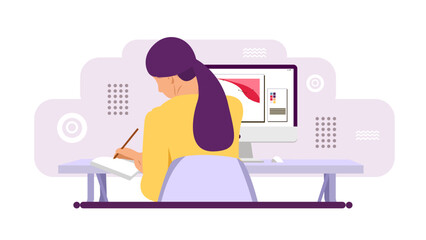 Woman at work, design and business, flat style vector illustration