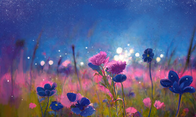 digital hand drawn of pink and blue flower meadow with light bokeh background in magical fantasy atmosphere