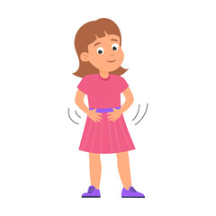 Kid points to the stomach and pointing to body part with hand. Vector illustration of preschool children on anatomy lesson