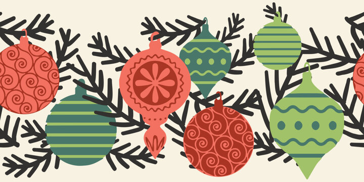 Christmas baubles seamless vector border. Repeating horizontal pattern with hanging Christmas ornament garland red green black. For holiday greeting card, letterhead, banner, fabric trims
