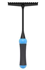 Garden rake with wooden handle for harvesting hay on white background.