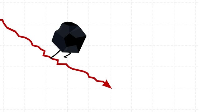 Coal still goes down seamless loop. Walking down coin. Mineral character falling down fast. Funny business cartoon. Interest rate lose metaphor for business use.