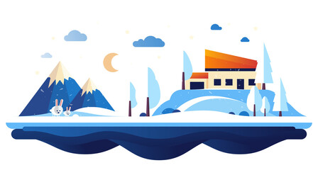 Town in winter at night flat design style illustration