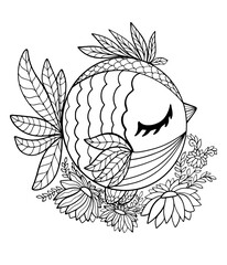 bird stylized in flowers outline doodle coloring book for children graphic sketch isolated on white background sparrow with patterns vector hand drawn