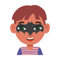 Portrait of kid with face bat hero mask, makeup vector illustration. Children with creative face painting or mask, animals and heroes isolated on white background