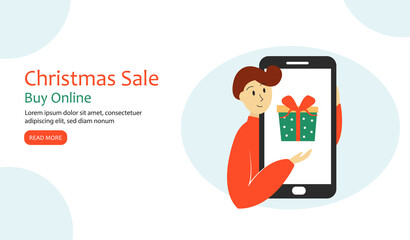 Landing page template. Happy man with a smartphone. Christmas background for online sales or shopping. illustration.