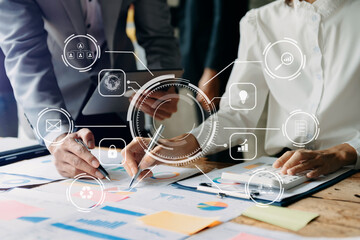 Co working process, team working.Coding software developer work with AR new design dashboard computer icons.team business concept atb office.