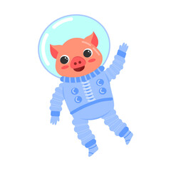 piglet waves his hand, an astronaut in a protective suit and a spacesuit. Cartoon vector illustration isolated