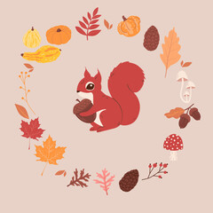 Autumn icon set with cute red squirrel and various fall items