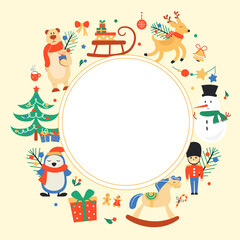 Fototapeta premium Winter background picture template for design with cute Christmas elements and characters. illustration.