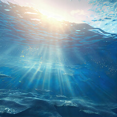 underwater sun rays, ocean water as background 