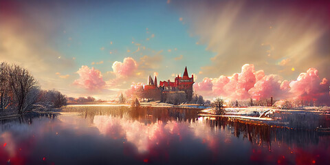 beautiful fantasy landscape with magical castle in the background as panorama header background