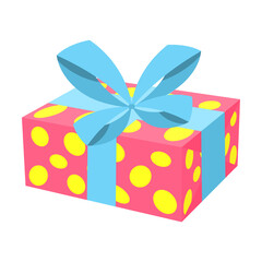 pink polka dot with blue ribbon gift box on white background cartoon vector illustration. Christmas, New Year or birthday present