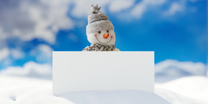 Snowman and a white empty card on snow, blue sky and winter snowy background,