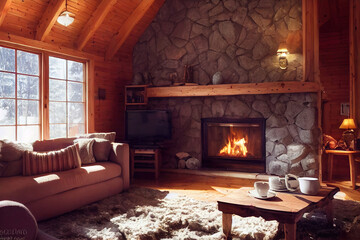 cozy living room in wooden log house with fireplace, snowy winter outside
